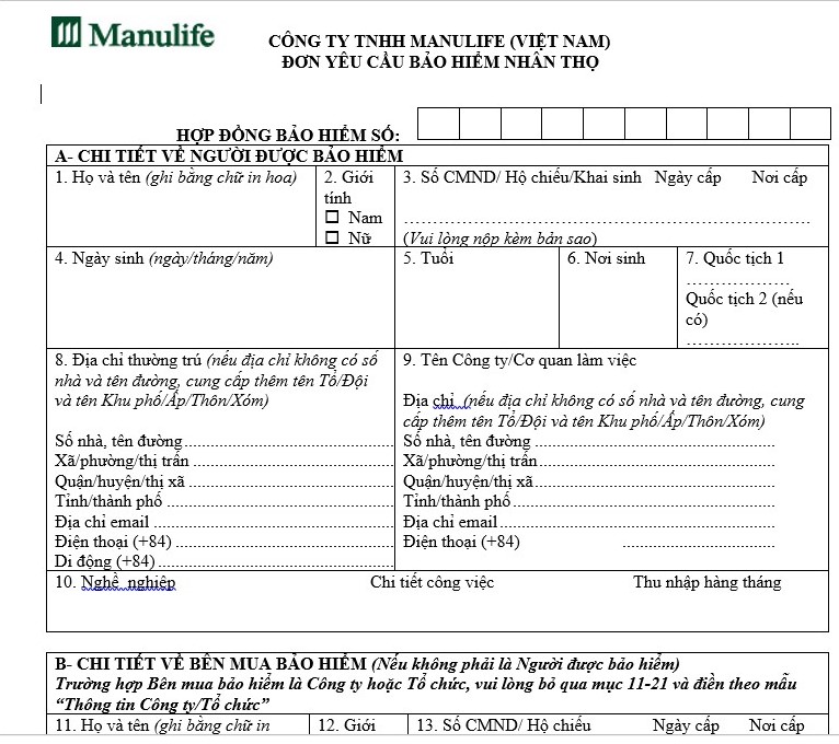 Hồ sơ yêu cầu bảo hiểm Manulife