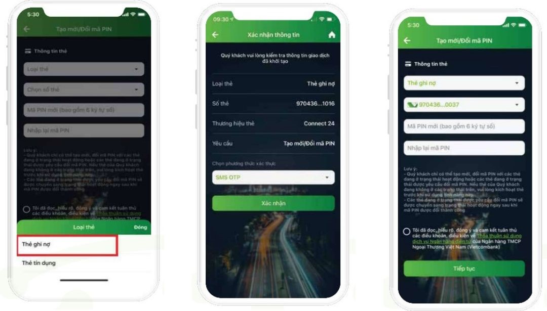 bước 3-4-5-6 Cách đổi mã PIN thẻ Vietcombank trên App Digibank bằng điện thoại