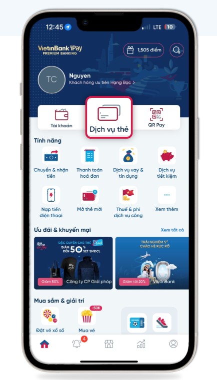 Bước 2 chọn dịch vụ thẻ trên app Vietinbank ipay