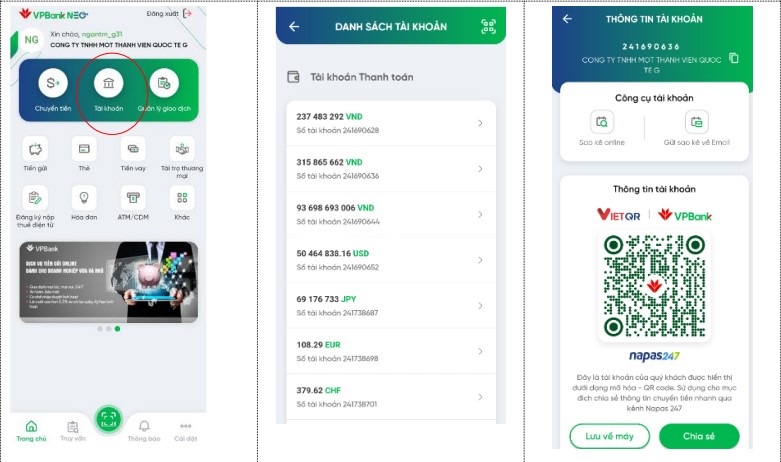 Lấy mã QR VPBank trên màn hình chi tiết 1 tài khoản